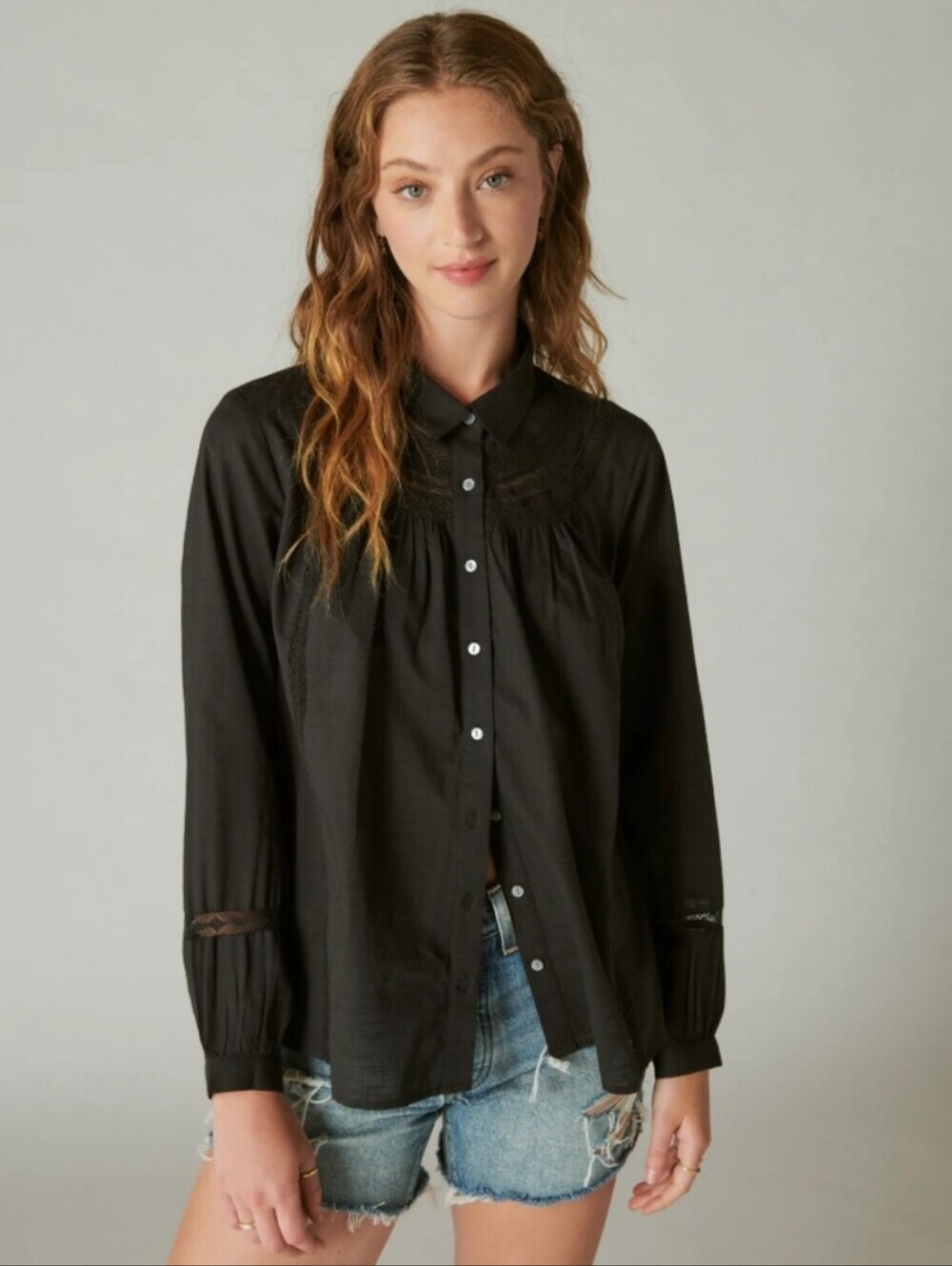 Lucky Brand Black Lace Trim Embroidered Button Down Shirt Lightweight Cotton M
